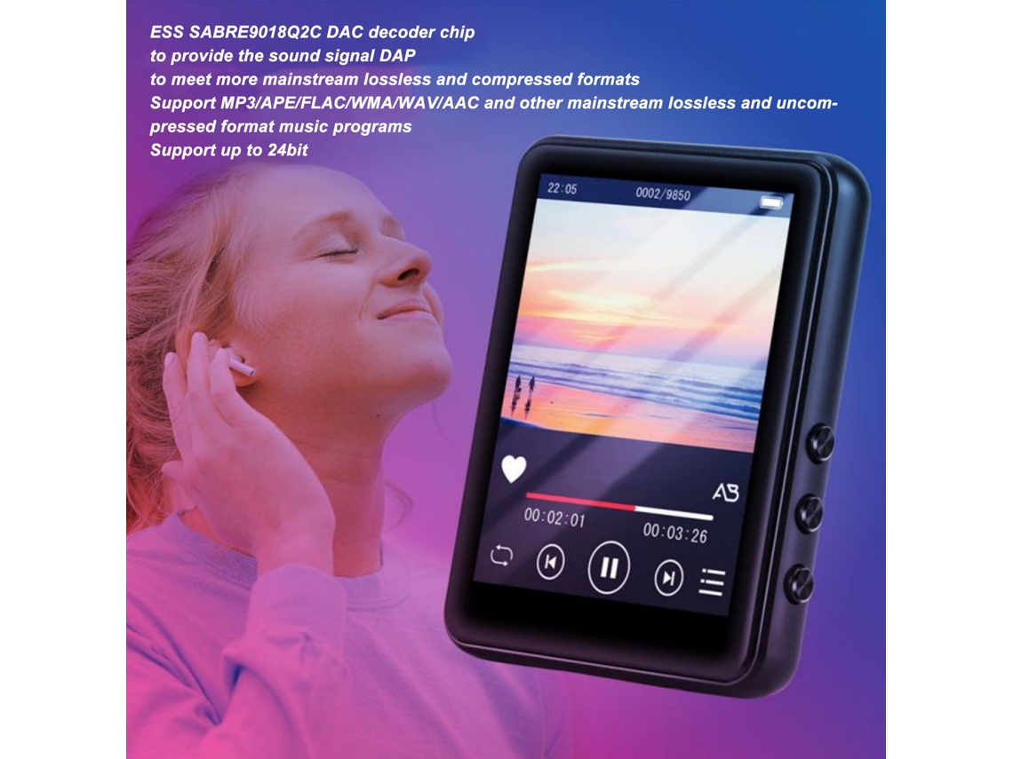 Reproductor Mp3 Con Pantalla Táctil De 2,4 Pulgadas, Bluetooth 5.0, Almacenamiento De 4 Gb/64 Gb, Radio Fm, Función De Grabación Y Reducción De Ruido.
