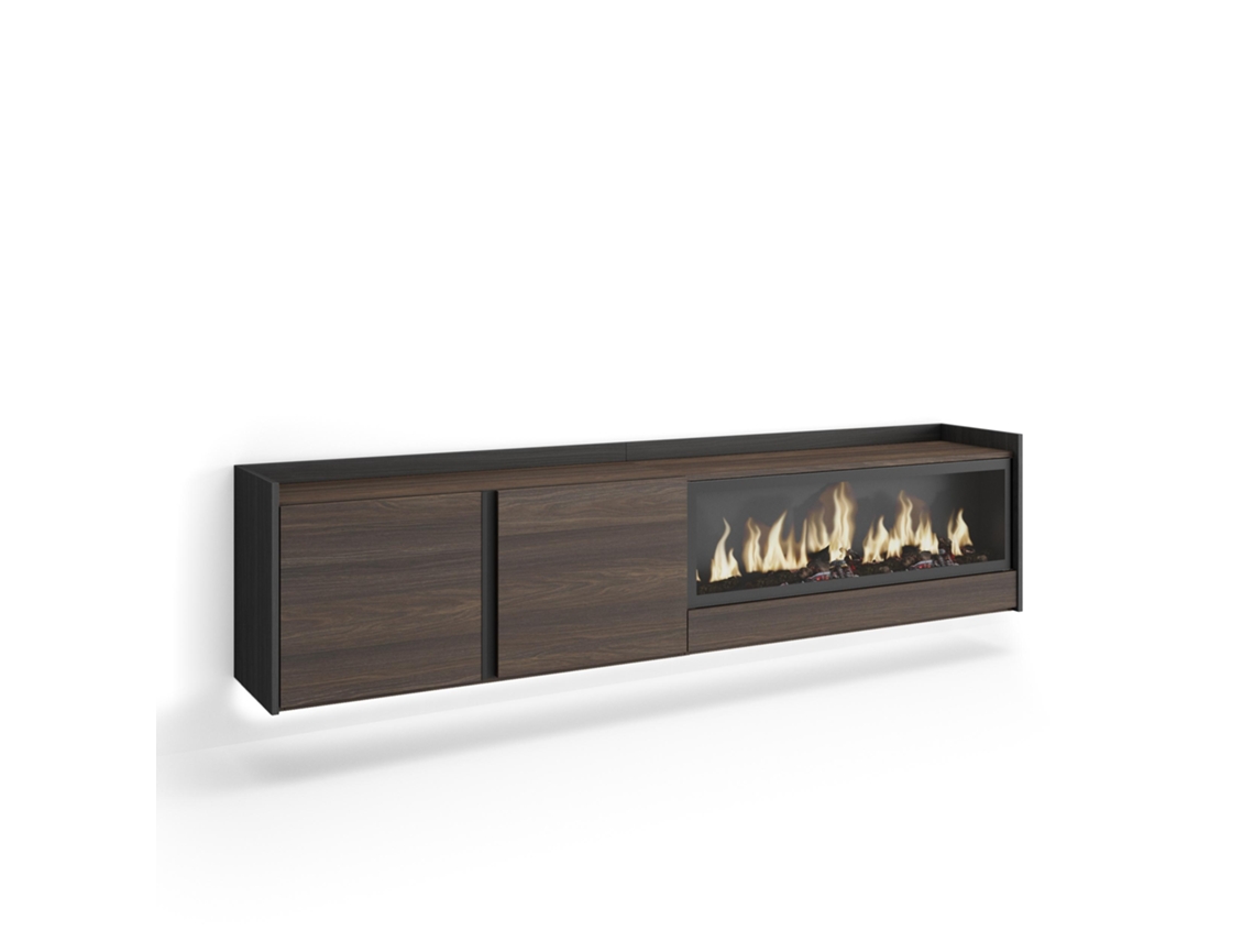 Mueble Tv, Televisión, 212x35x50cm, Para Tv Hasta 80", Chimenea Eléctrica Xxl, Colgado, Suspendido, Led, Roble Oscuro Y Negro