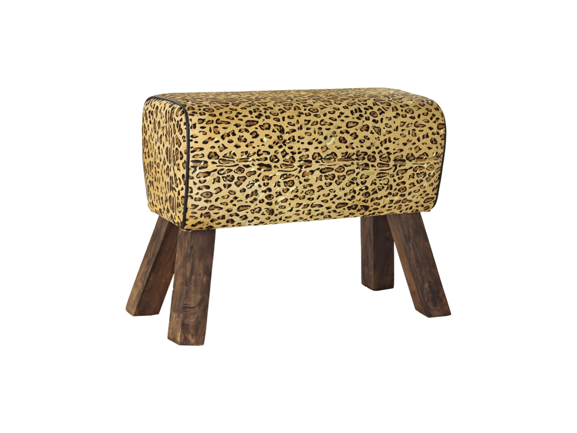 Reposapies Madera Piel Leopardo Marron 67x30x51cm