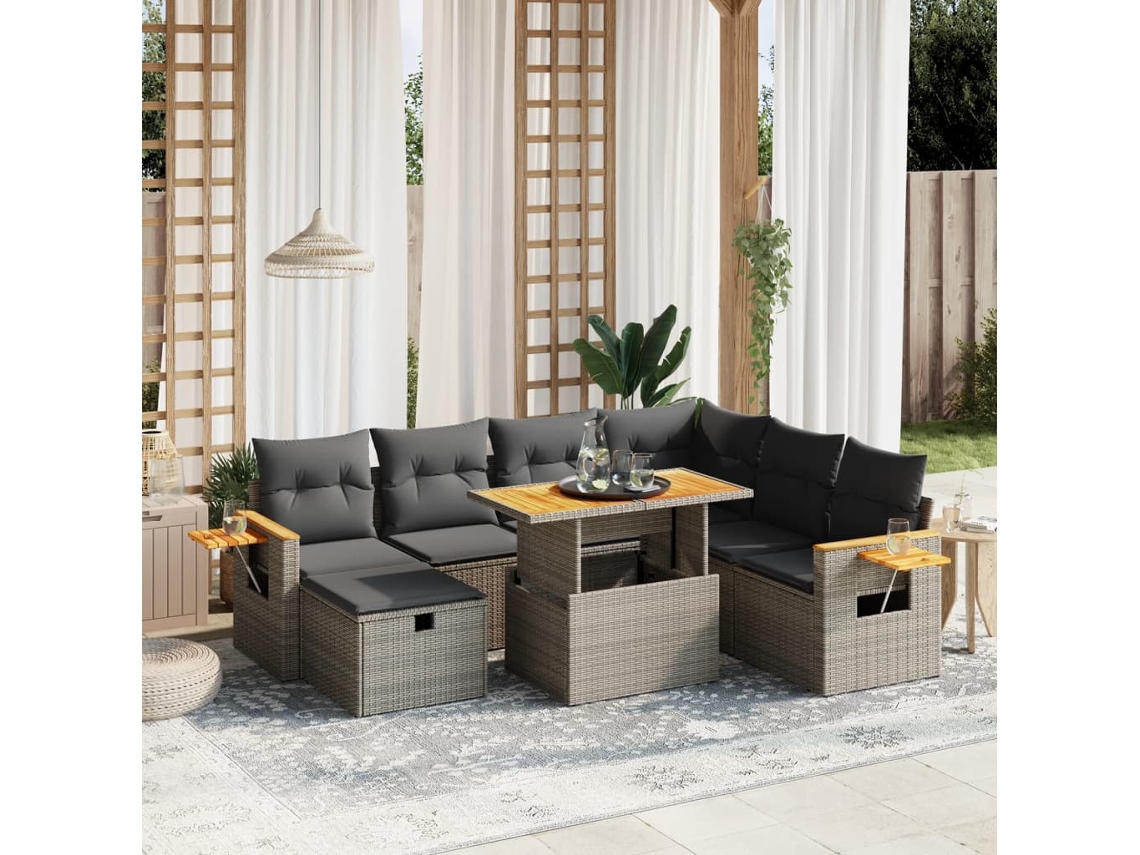 Conjunto de sofá de jardín de 8 piezas con cojines, ratán gris, DKD Home Decor
