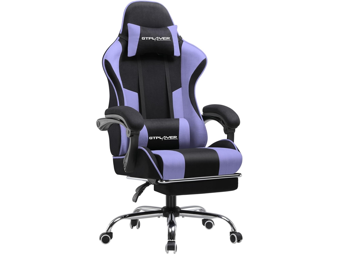 Silla de oficina Gtplayer para gaming, de tela, ergonómica, con reposapiés, reposacabezas y cojín lumbar, color morado