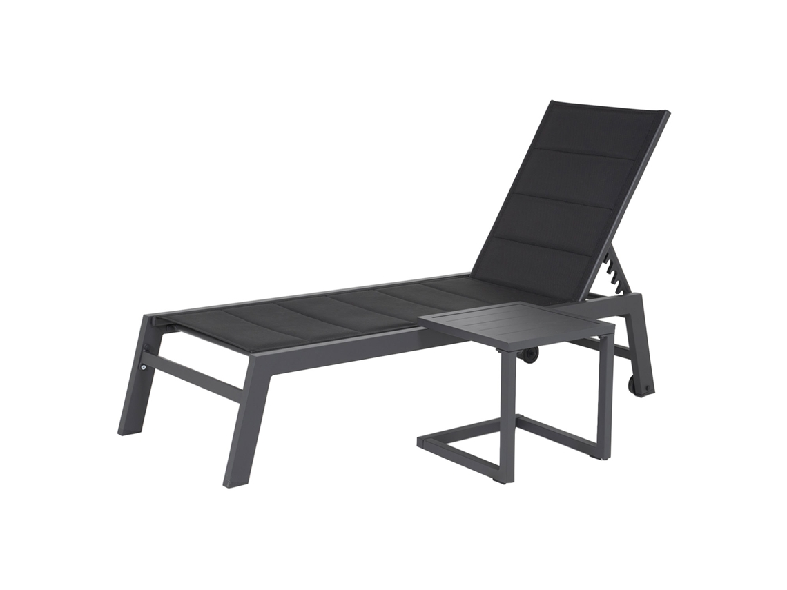 Conjunto de tumbona y mesa auxiliar BARBADOS de textileno negro - aluminio gris antracita HAPPY GARDEN