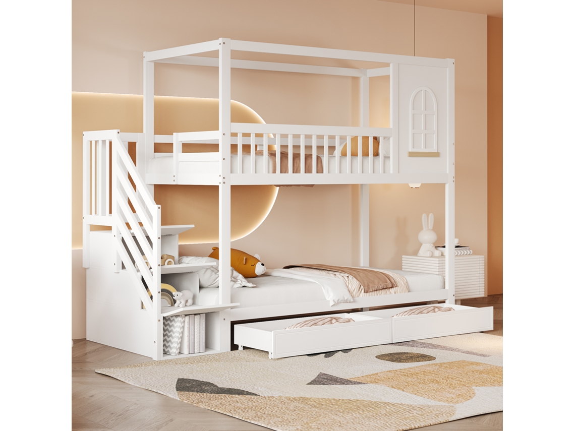 Cama Alta Infantil De 90x200 Cm, Blanca, Con Escritorio, Armario Y Multifuncional.