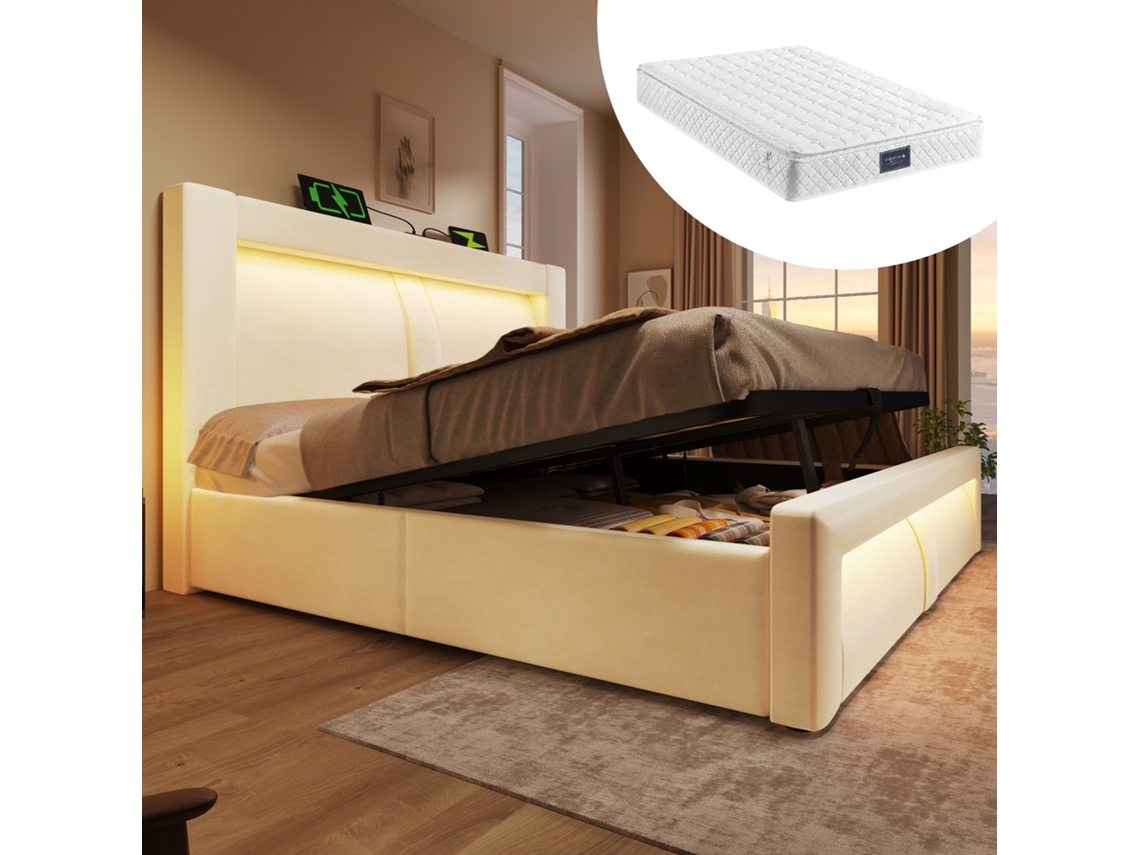 Cama De Terciopelo Beige De 160x200 Cm Con Aplicación Led, Usb C, Cabecero Hidráulico Curvo Y Colchón Incluido.