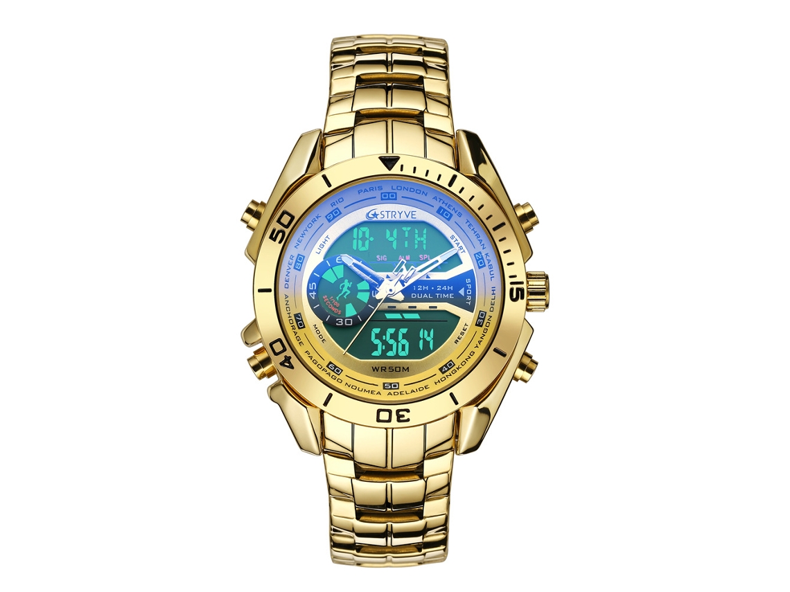 Reloj de pulsera para hombre de acero inoxidable, cronógrafo analógico electrónico de cuarzo. MDUG (dorado)