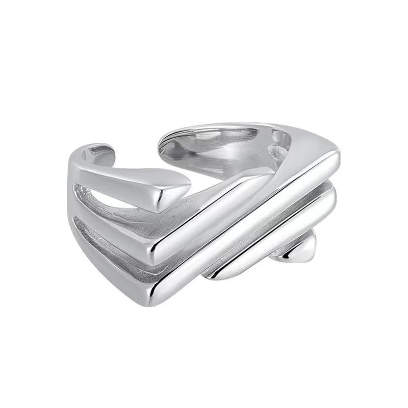 Anillo Geométrico Sencillo Y Aerodinámico, Anillo Abierto Creativo De Plata.