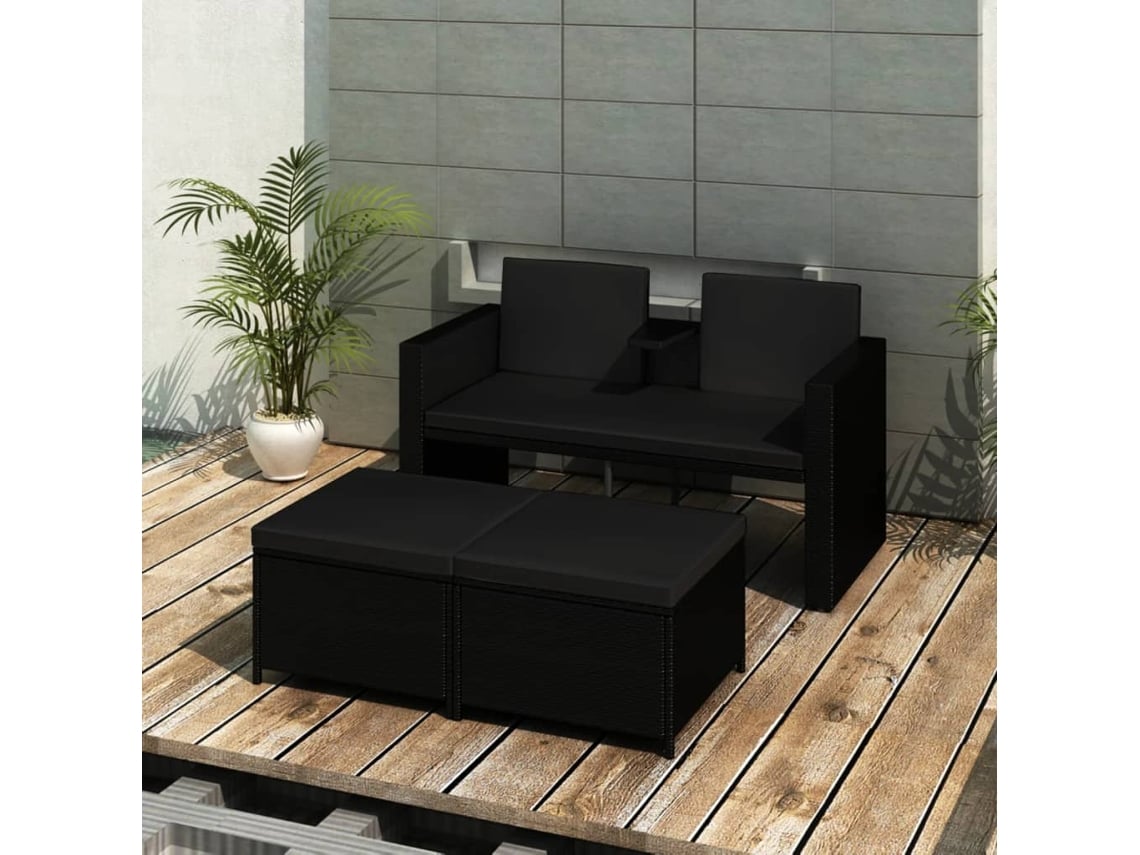 Conjunto de jardín de 3 piezas con cojines de mimbre negros de DKD Home Decor
