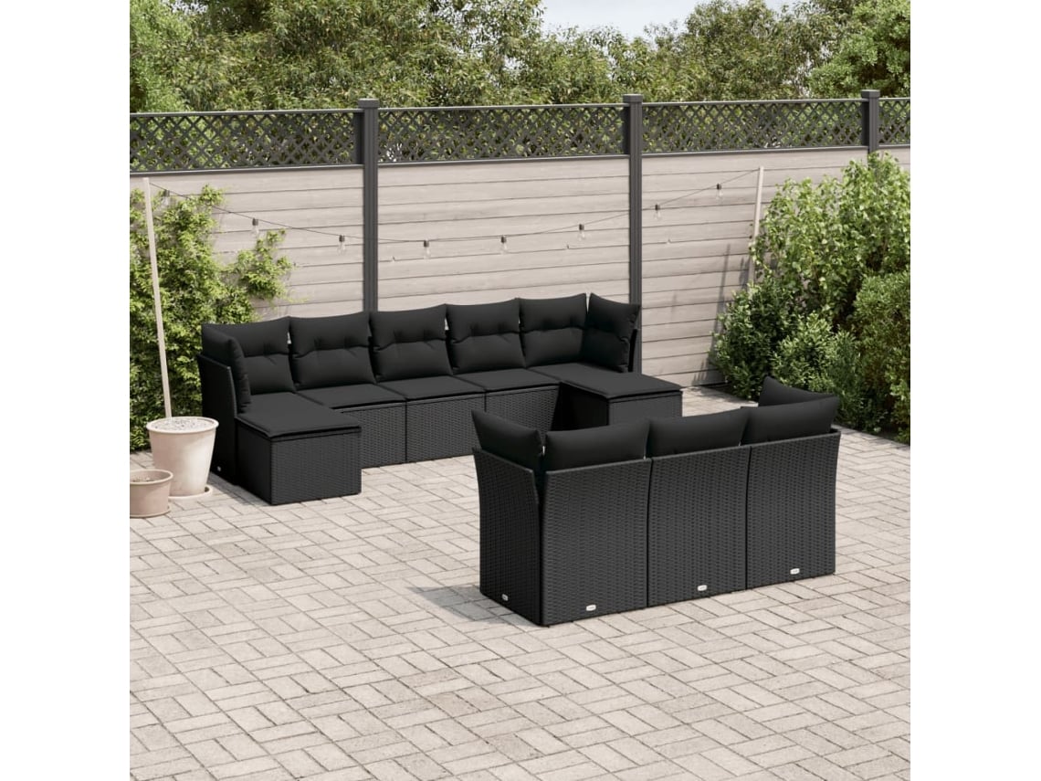 Conjunto de sofá de jardín de 10 piezas con cojines en mimbre sintético negro de DKD Home Decor