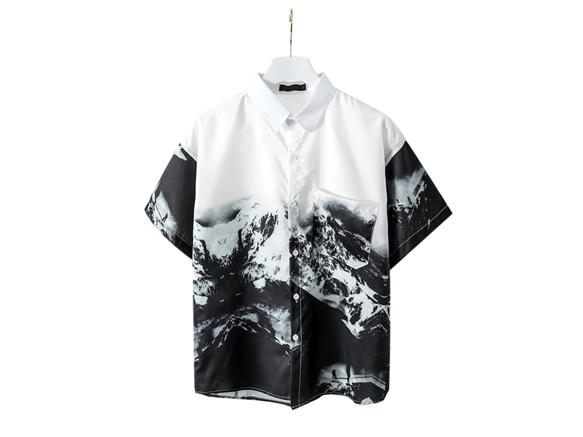 Camisa De Manga Corta, Estampada, Informal, Con Botones, Transpirable, Estilo Veraniego, De Poliéster.