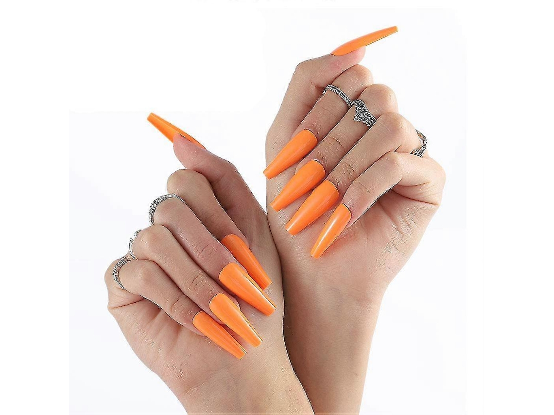 Uñas postizas YUNZII estilo ataúd, color morado, extra largas y brillantes, 24 piezas, color naranja