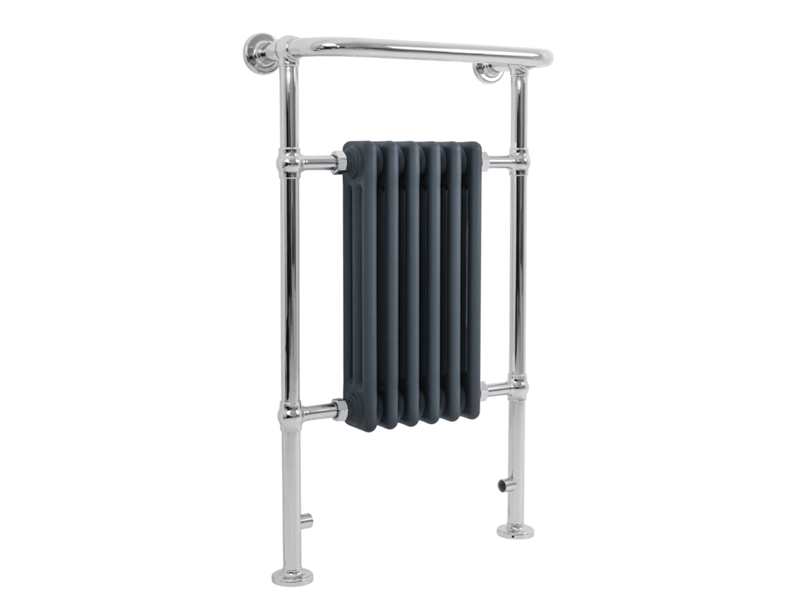 Radiador toallero tradicional para baño, 950x570 mm, gris antracita, con calefacción y barra cromada, 704 W, 6 columnas, MONSTERSHOP.