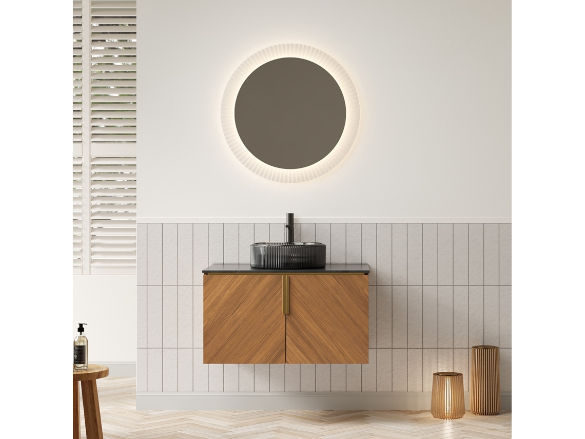 Mueble De Baño Suspendido, 76 Cm, Lavabo De Cristal Negro, Encimera Negra.