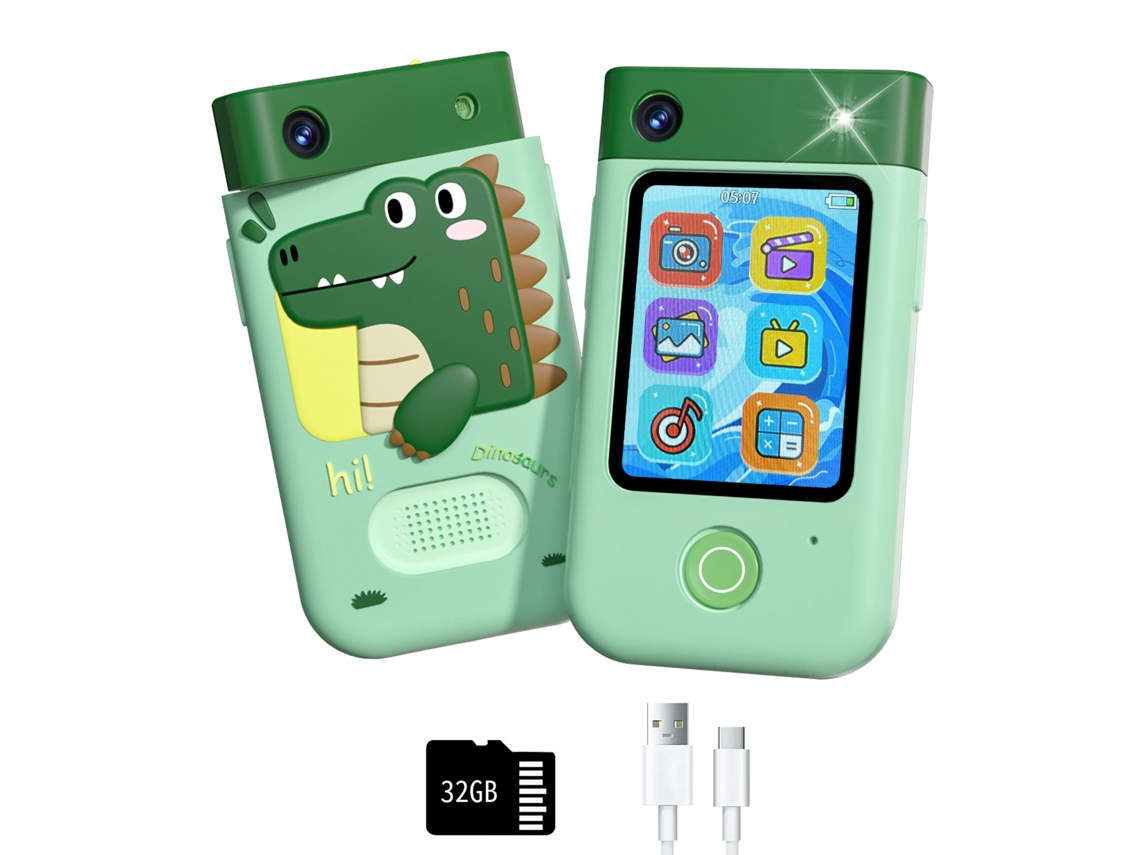 Cámara digital Chrui de 2,8" con pantalla táctil y cámara giratoria, tarjeta SD de 32 GB (Dinosaurio Verde)