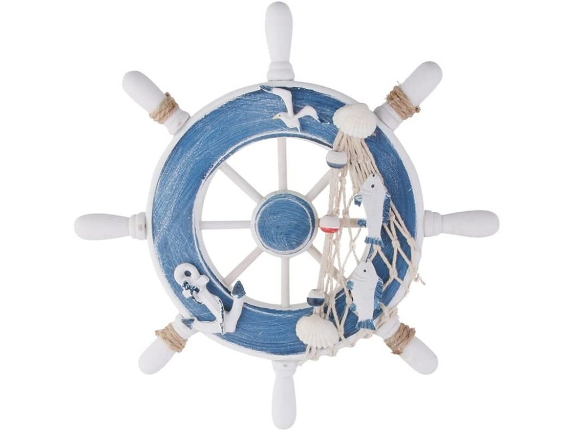 Timón de barco de madera hecho a mano, decoración náutica con elementos costeros para cualquier espacio con temática marina, azul claro y blanco, 1 pieza