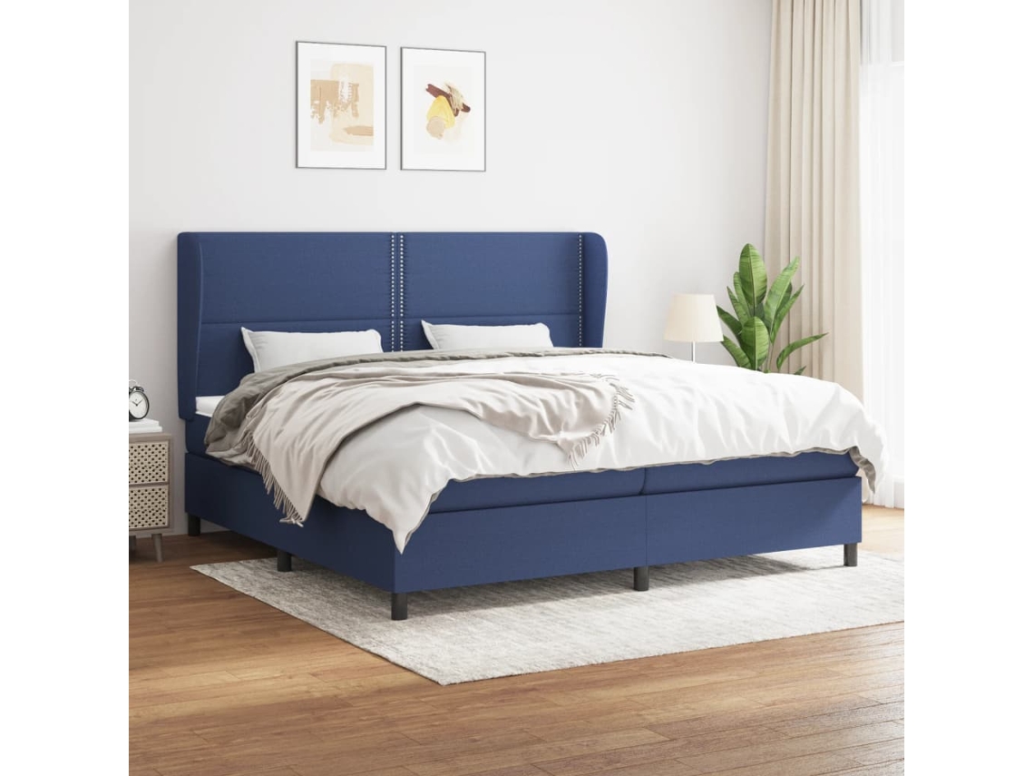 Cama Box Spring Con Colchón Tela Azul 200x200 Cm