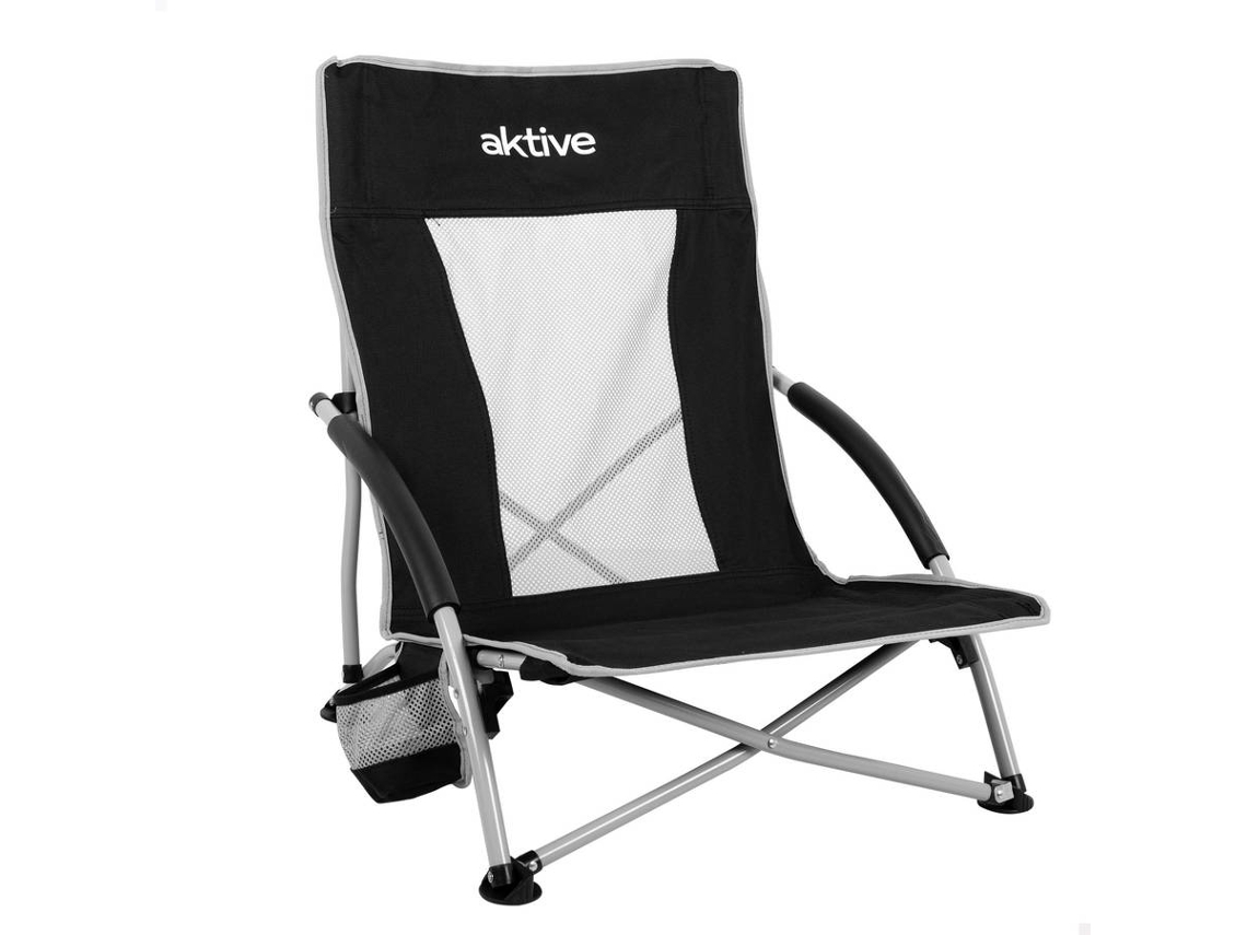 AKTIVE Silla plegable camping baja y transpirable negra c/posavasos