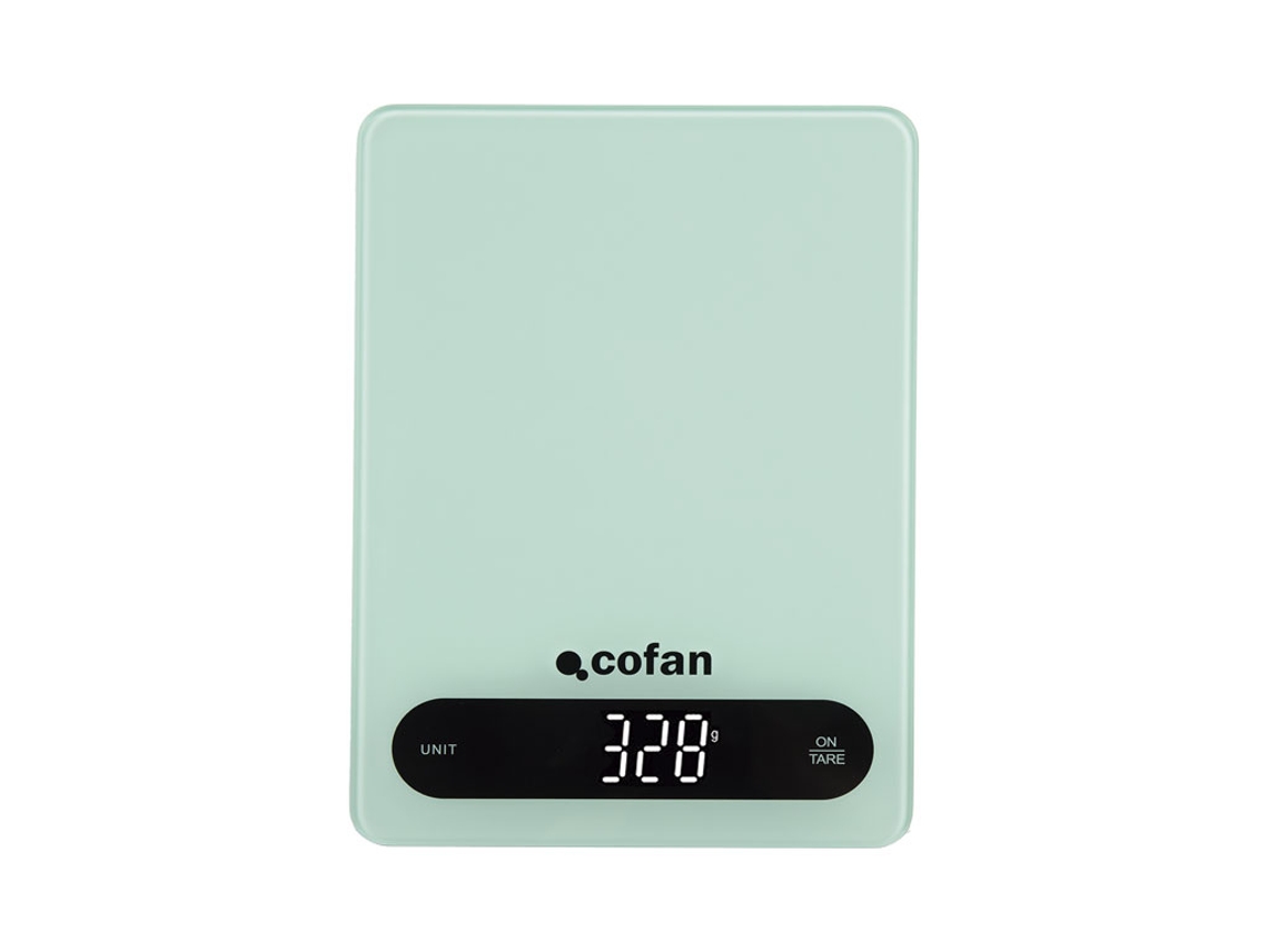 COFAN Báscula Digital de Cocina de vidrio templado con apagado automático Máximo 10 kg 4 Sensores de alta precisión Color: Menta