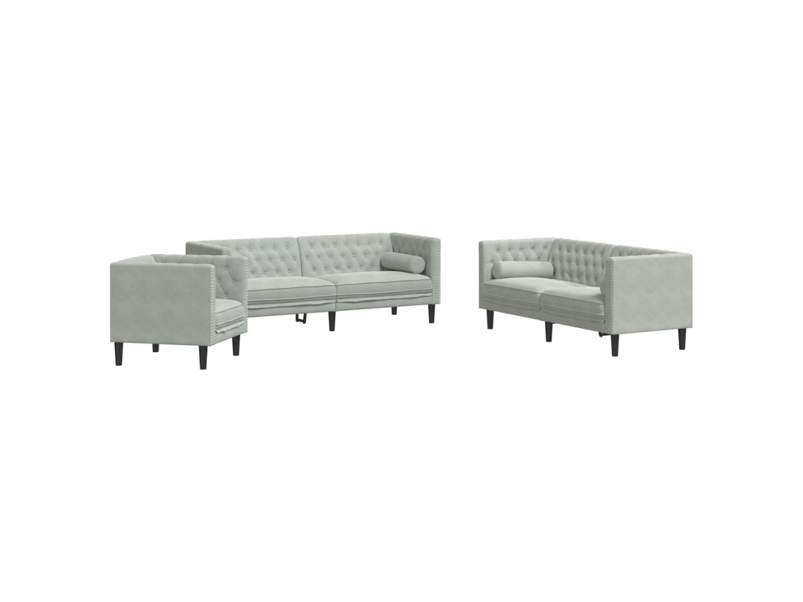 Maison Exclusive - Set Sofás Chesterfield Con Cojines 3 Pzas Terciopelo Gris Claro