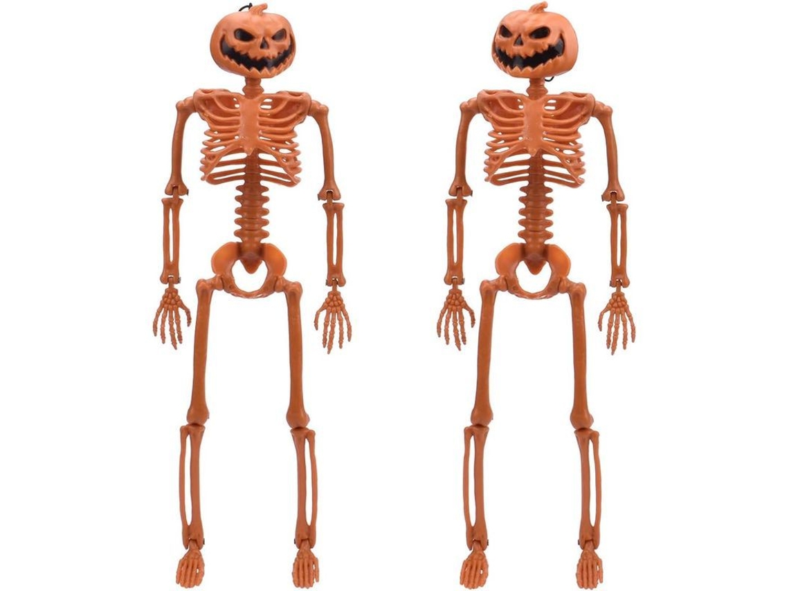 Esqueleto Articulado De Halloween De 35,5 Cm Con Cabeza De Calabaza - Paquete De 2 Con Articulaciones Móviles
