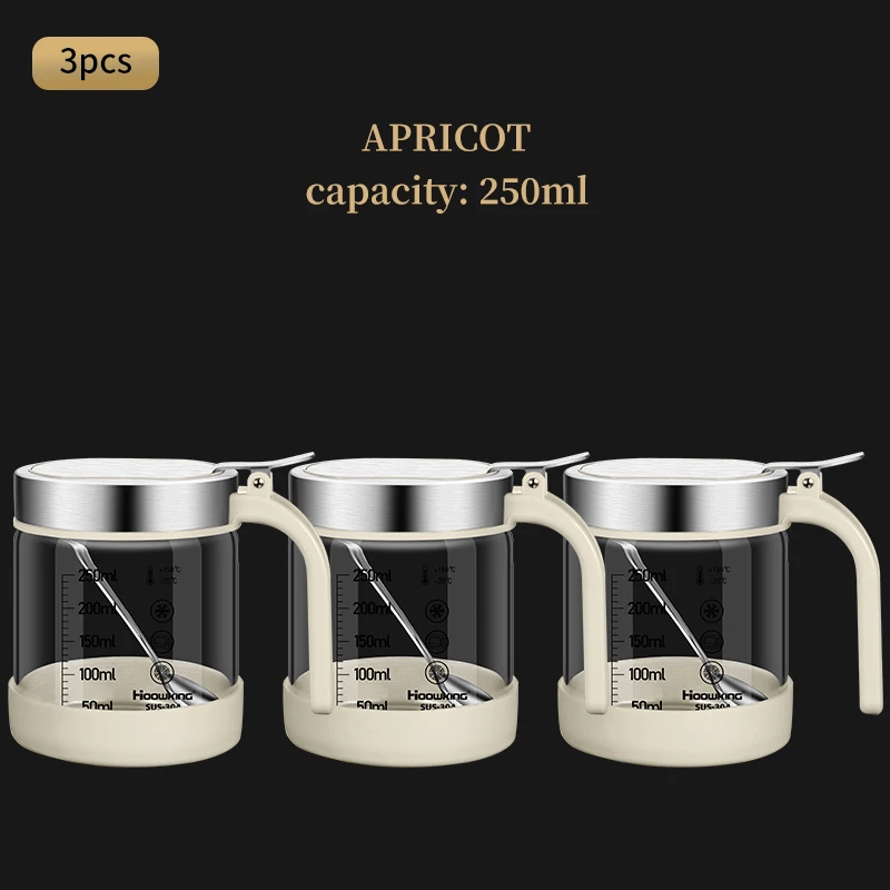 Juego de 3 tarros de cristal para especias y condimentos, con cuchara, azucarero y salero. Utensilios de cocina. MDUG (250 ml, beige).