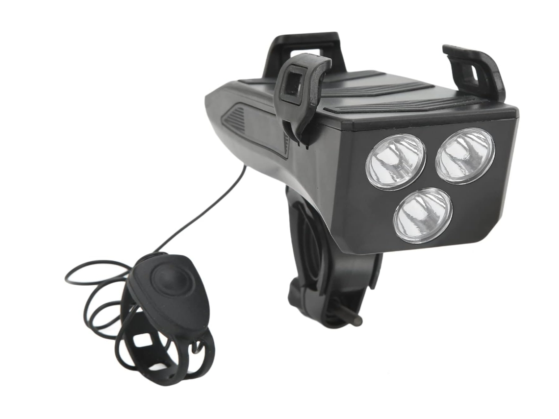 Luces para bicicleta 4 en 1, juego de luces para bicicleta, luces recargables para bicicleta, banco de energía USB resistente al agua, luces para bicicleta con soporte para teléfono celular (negro)