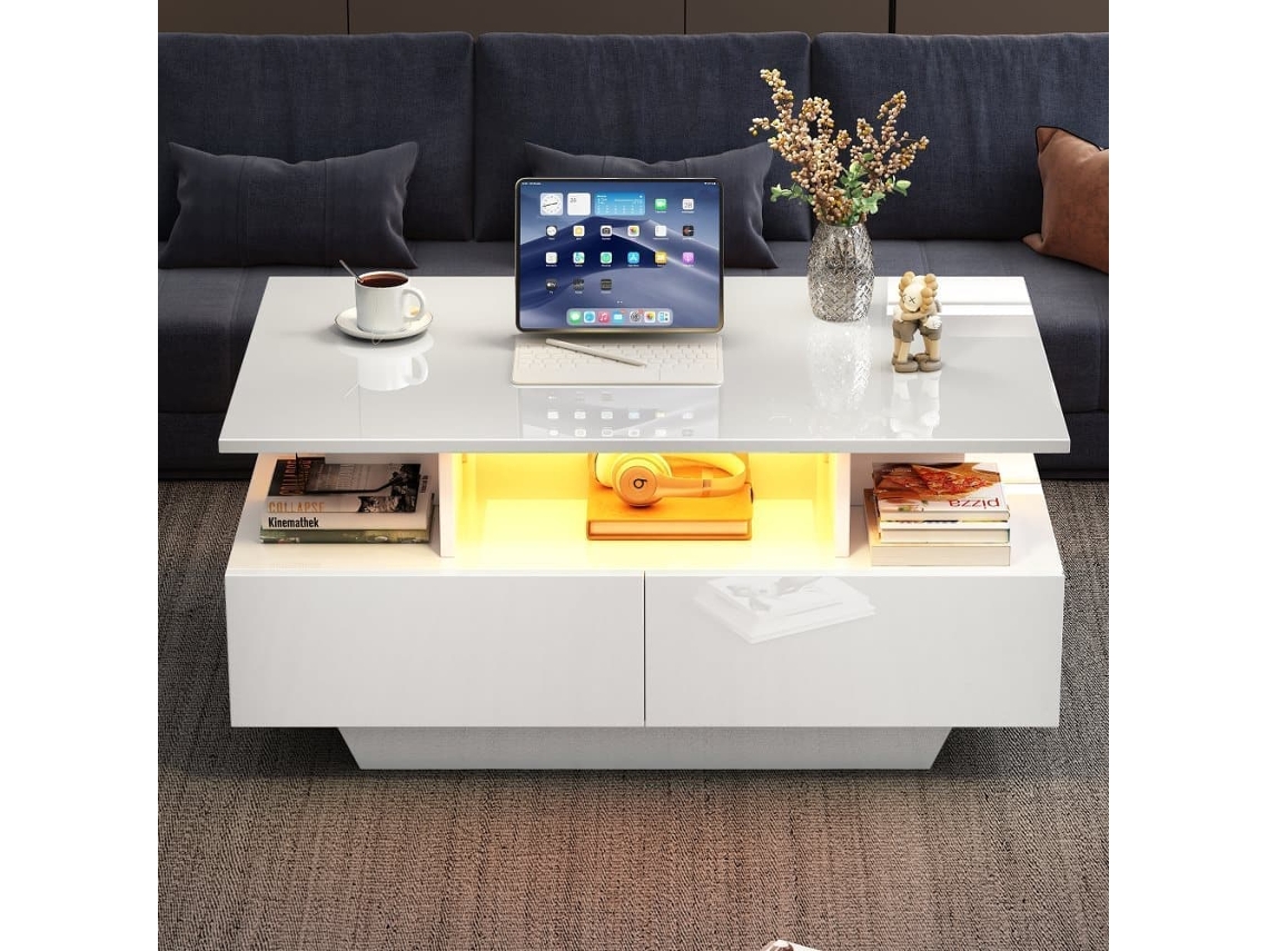 Mesa De Centro Moderna 90x55x41 Cm - Con Led, 2 Cajones, Diseño Elegante - Blanco
