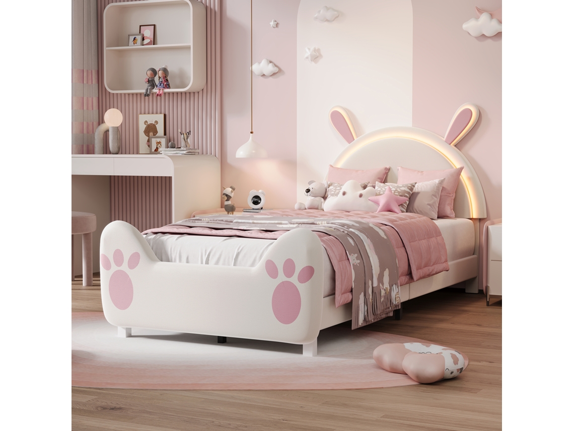 Cama Infantil Coelho Con Luz Led 180x200cm - Cama Para Niñas Y Niños, Madera Maciza, Almacenamiento Bajo Somier, Rosa/blanco