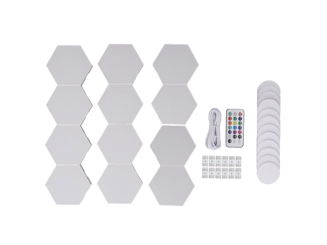 Conjunto de 12 luminárias de parede LED hexagonais inteligentes com controle por toque e remoto, design geométrico modular RGB com USB.
