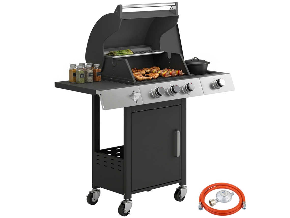 Parrilla Gas 10,5kw 3+1 Quemadores Lateral Inox Termómetro Rejilla Hierro