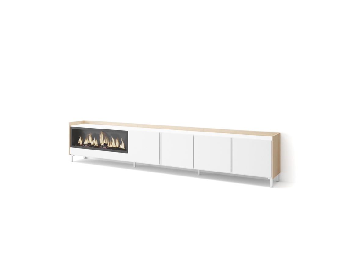 Mueble para TV, 315x35x61cm, para televisores de hasta 80'', chimenea eléctrica XXL, diseño industrial, blanco y roble claro.