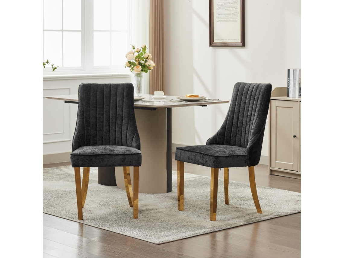 Juego de 2 sillas de comedor, tapizadas en chenilla con patas de acero dorado, color negro, Mobrio