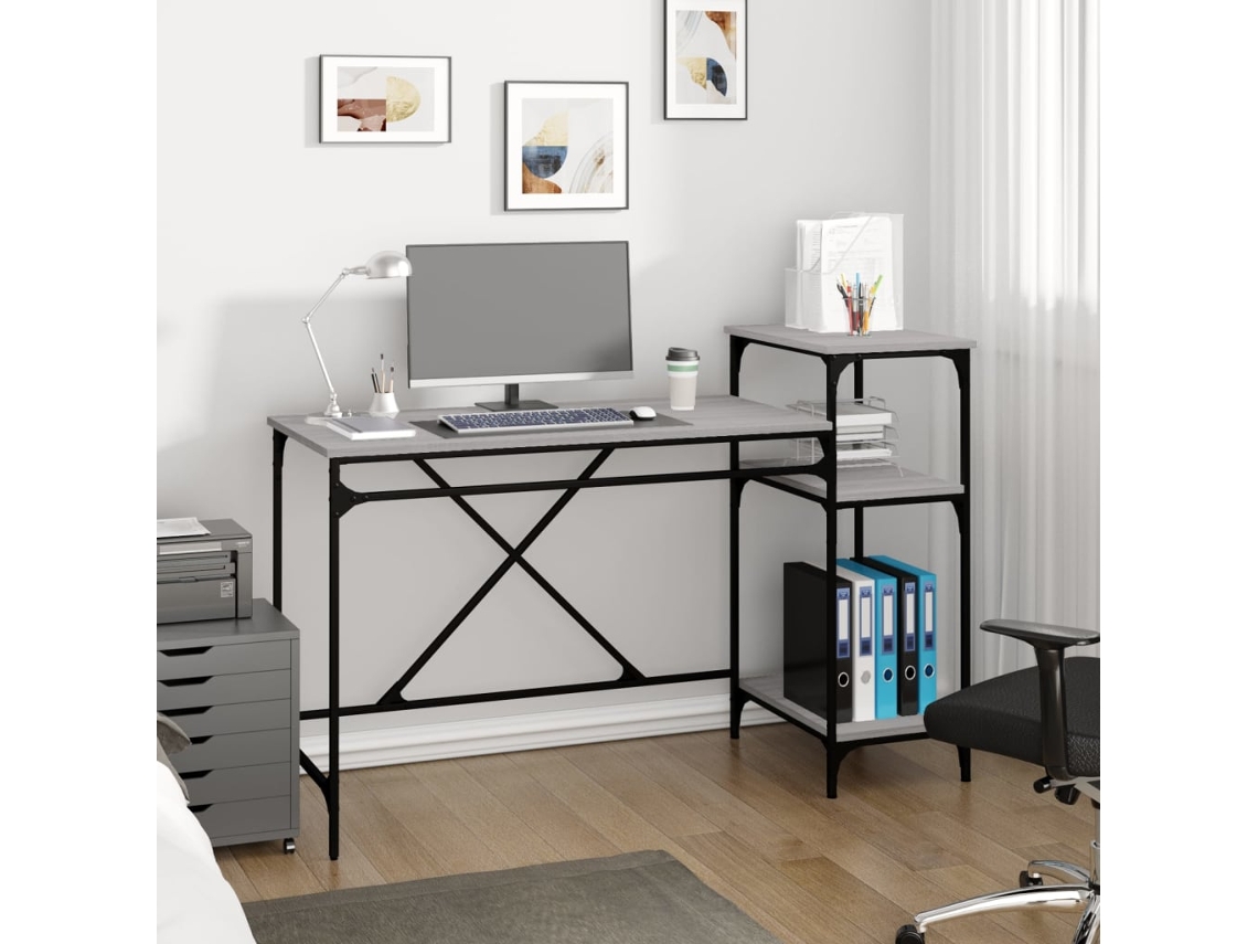 Escritorio | Mesa | Escritorio con estantes, derivado de madera/hierro, gris, Sonoma