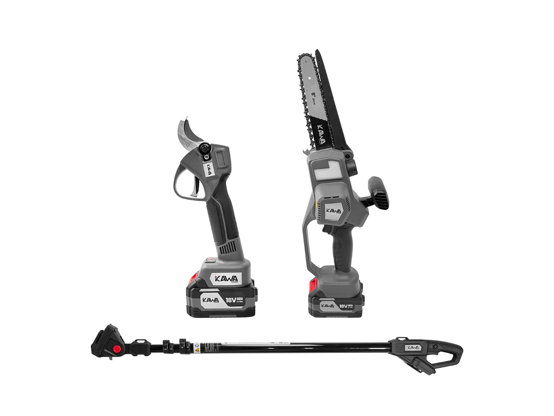 Kit con tijeras / mini motosierra / mango extensible, batería de 18 V (2 x 4 Ah) Kawapower