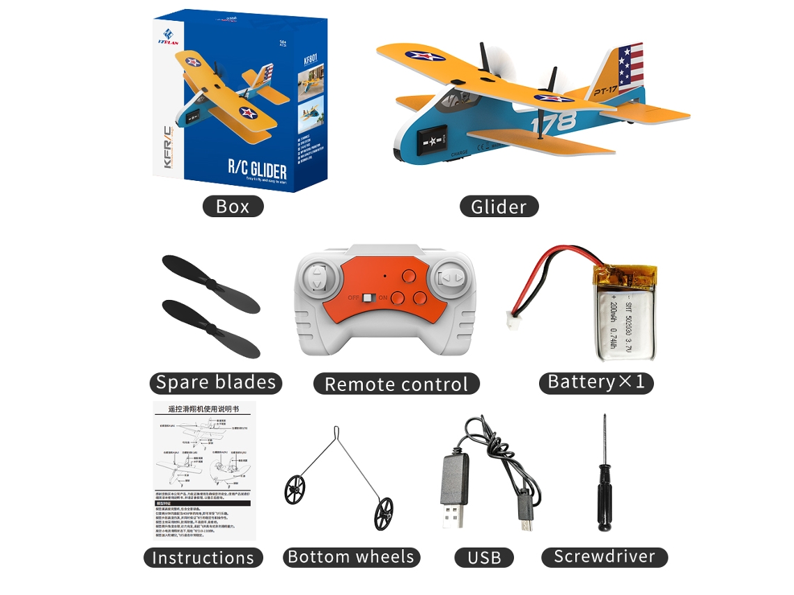 Avión RC Kf800 2,4 g EPP de espuma, planeador de ala fija con luz LED, juguete volador duradero