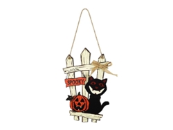 Placa de Boas Vindas de Halloween com Gato Preto e Abóbora para Decoração de Porta e Varanda