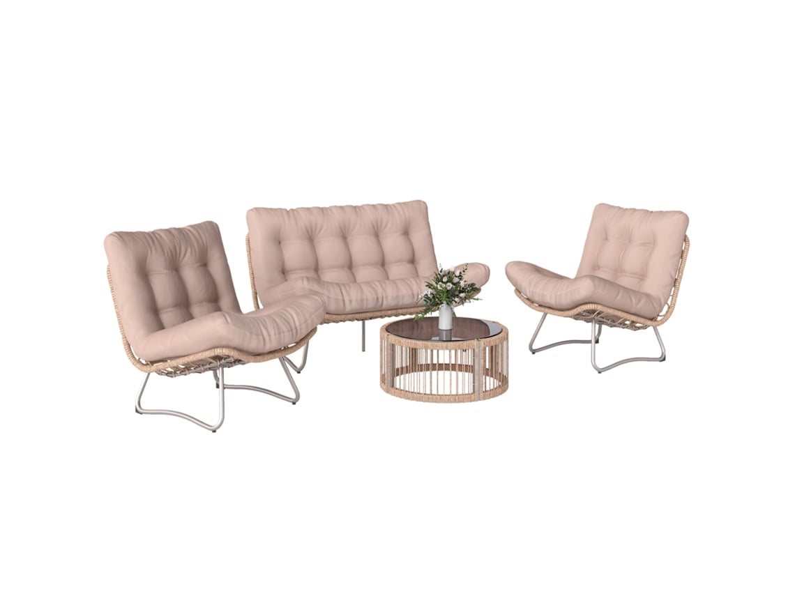 Conjunto de salón de jardín de 4 piezas en poliratán: sofá, 2 sillones, mesa de cristal, cojines gruesos.