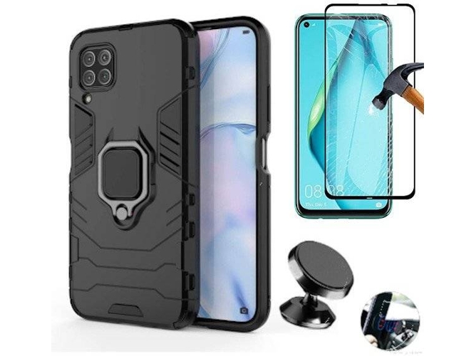 Kit Carcasa, Protector de Cristal 5D Full Cover y Soporte Magnetico Huawei P40 Lite Defender Negro