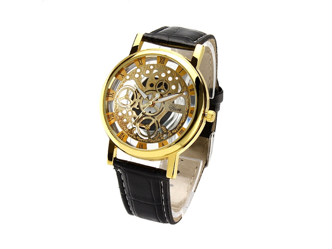 Reloj Electrónico Con Dial Hueco De Cuero Pu Para Hombre Y Mujer Negro Y Oro