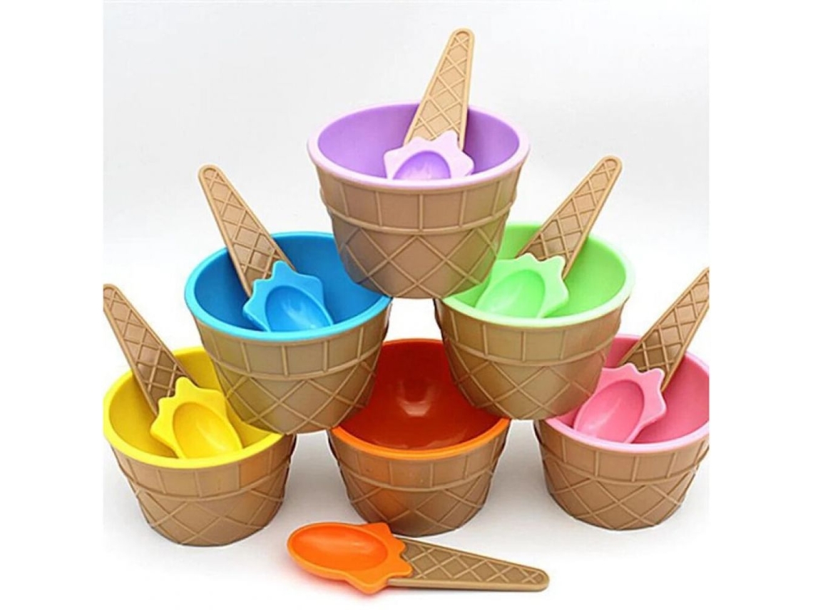 Tazones de plástico reutilizables para helado, innovador juego de tazón y cuchara para helado con diseño de doble uso y colores dulces, tazones para postre
