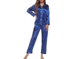 Pijama De Seda Satín Para Mujer Conjunto De Dos Piezas Ropa De Dormir Manga Larga M Azul