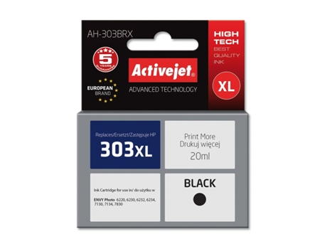 Cartucho de Tinta Original ACTIVEJET AH-303BRX (Negro - HP - 7130 - 6232 - 7134 - HP ENVY PHOTO: 6220 - 6234 - 7830. HP ENVY: 7221)