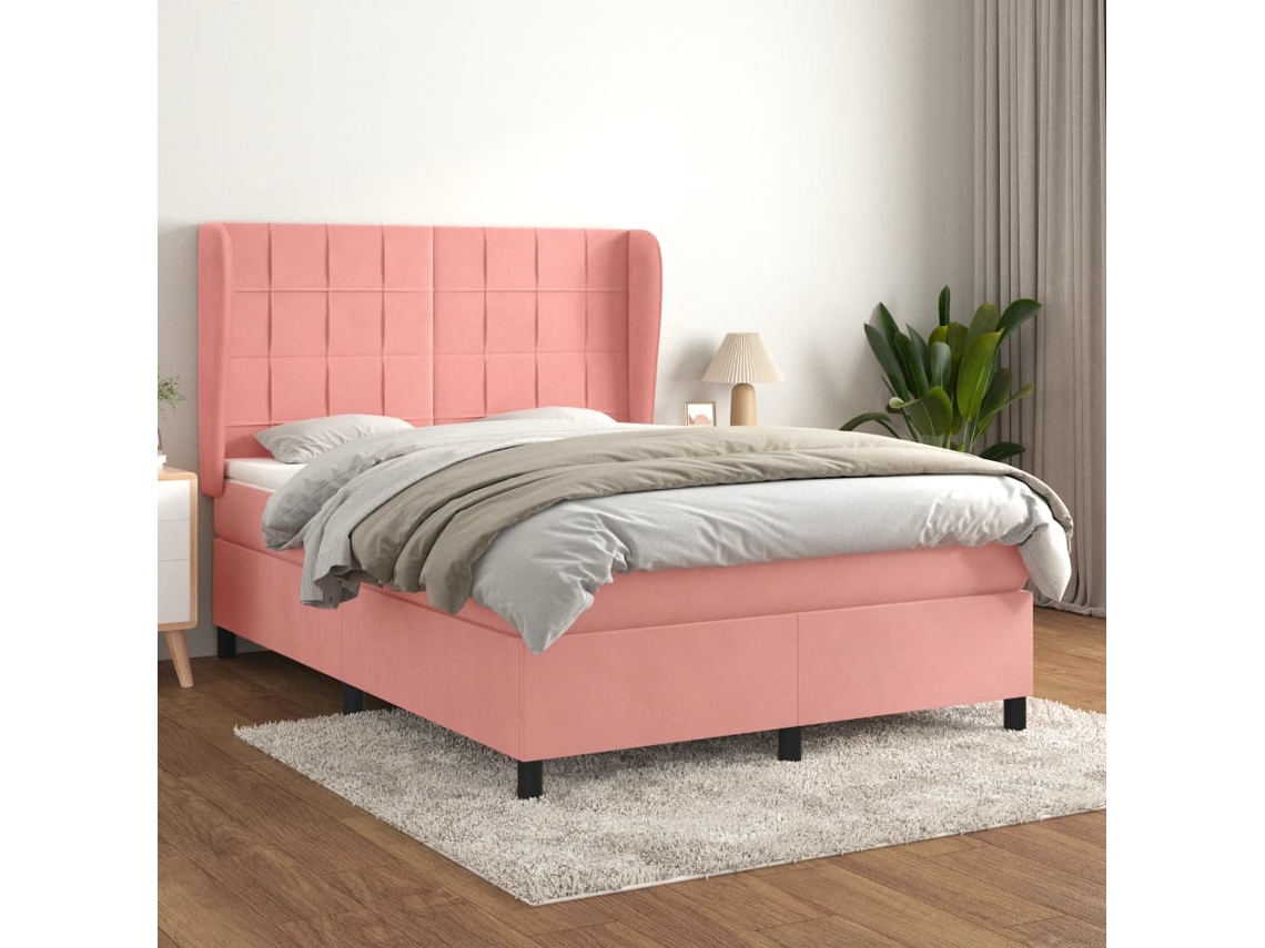 Cama Box Spring Con Colchón Terciopelo Rosa 140x190 Cm