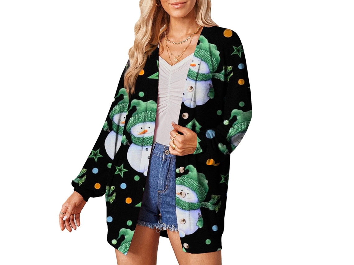 Cárdigan de mujer Kkpm-chaqueta con cierre sencillo, estampado navideño, manga larga, estilo casual, verde, talla 3XL