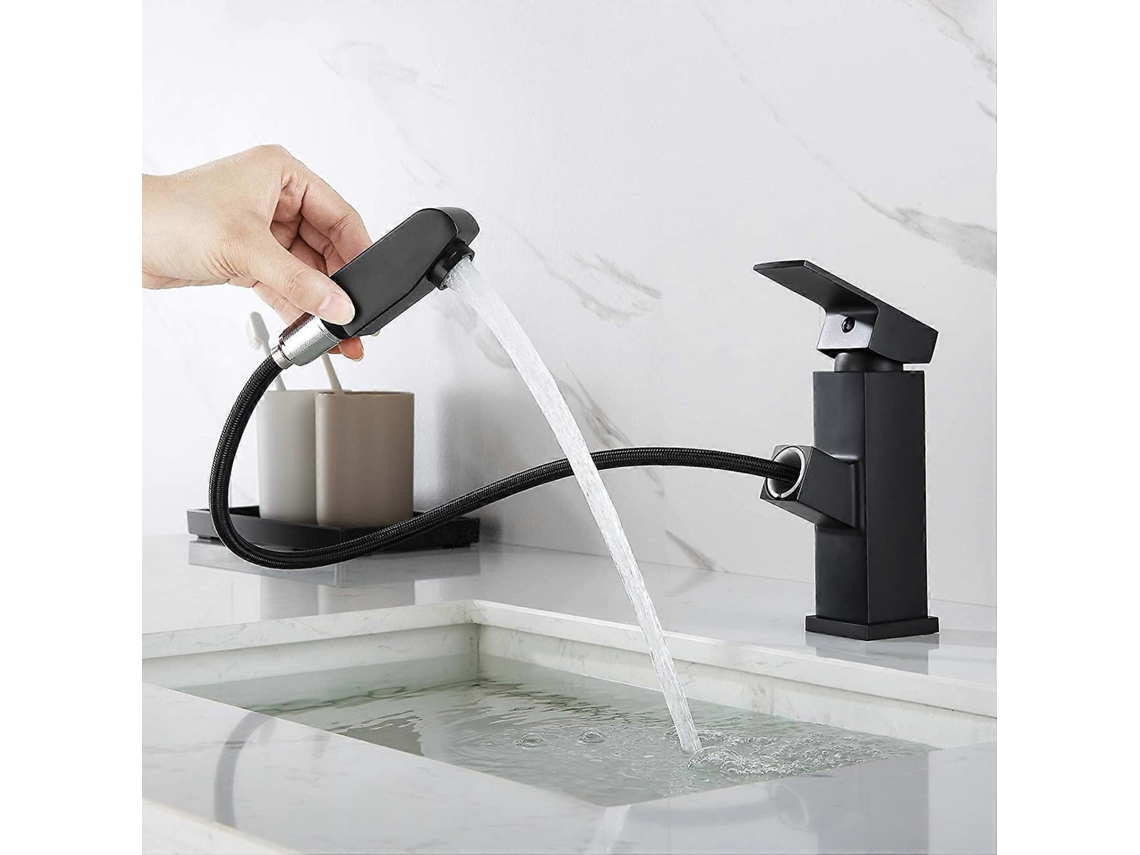 Grifo De Lavabo Con Spray Retráctil, Grifo Negro De Baño, Altura 18mm, Acero Inoxidable, Ahorro De Agua 30%