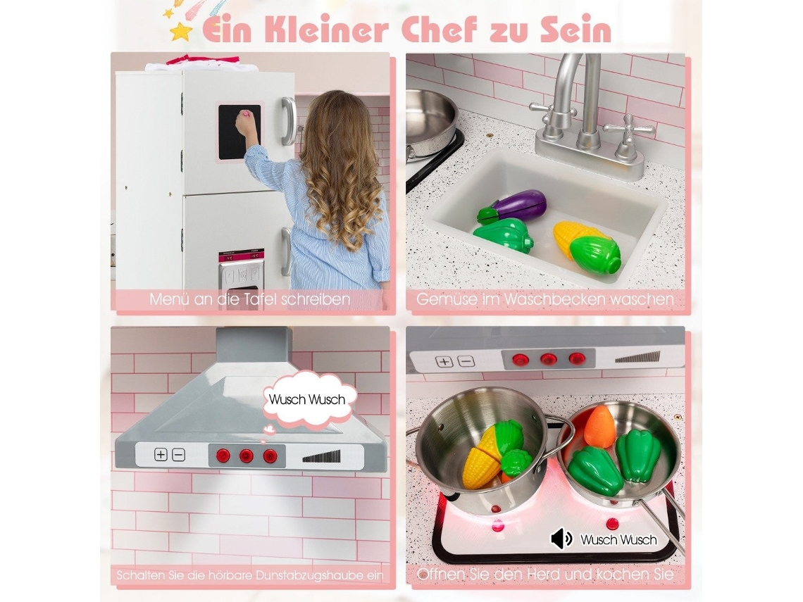 Cozinha Lúdica De Canto Com Som, Luz, Avental E Acessórios, 85 X 84 X 85 Cm, Branco + Rosa