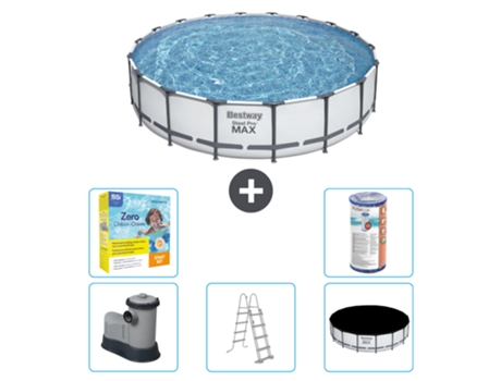 Piscina BESTWAY Round Steel Pro MAX - 549 x 122 cm - Gris - Bomba incluida - Escalera - Cobertor Paquete de mantenimiento - Filtrar