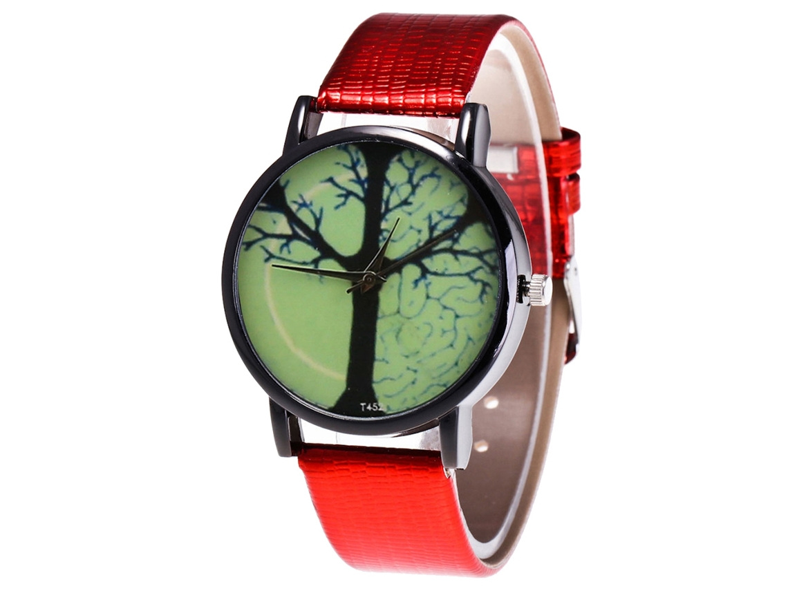 Reloj De Cuarzo Con Correa De Cuero Pu Moda Dial Redondo Para Parejas Rojo