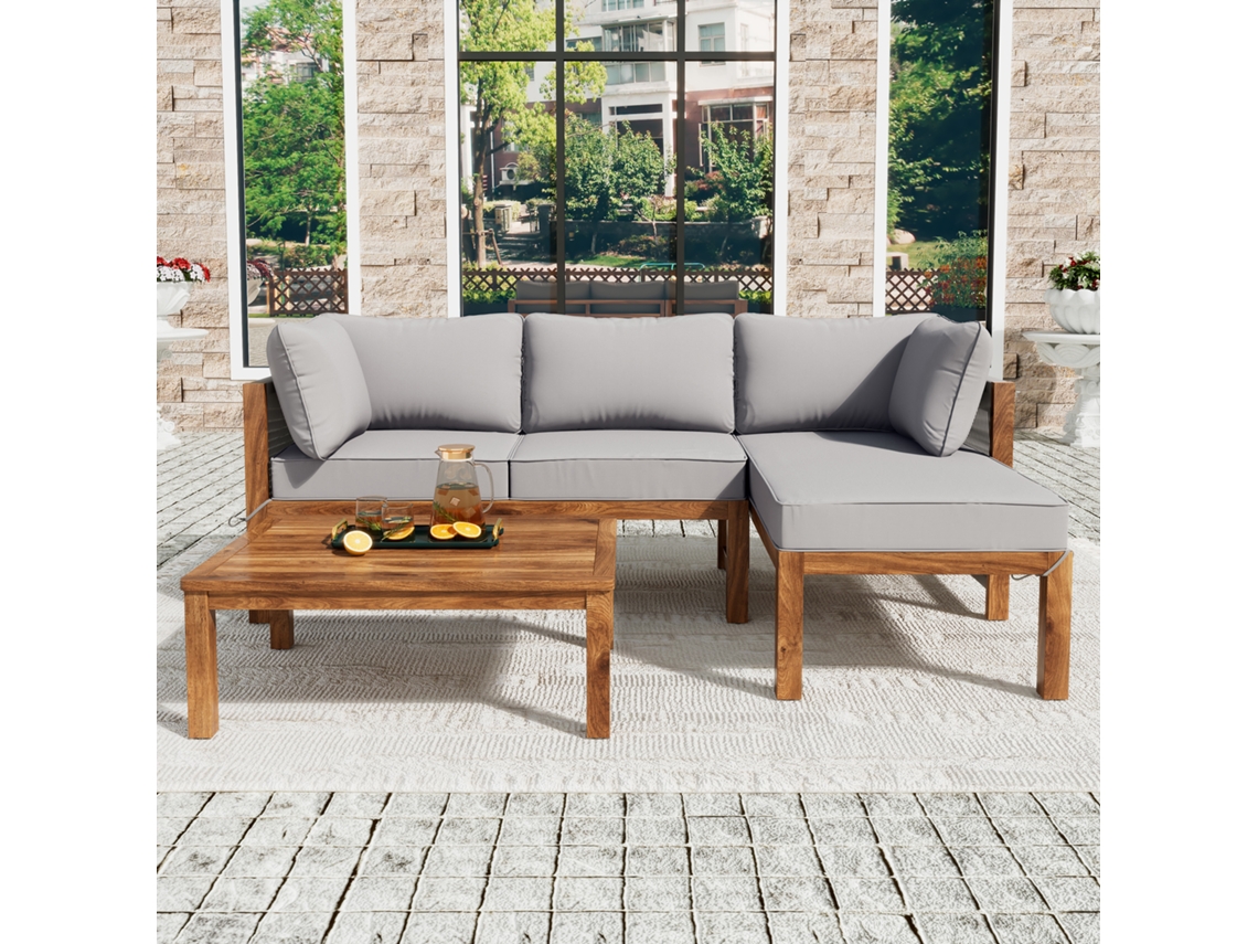 Conjunto de sala de jardín en madera de acacia y cuerda gris. 2 sofás y 1 mesa baja con patas ajustables. Estilo gris y natural.