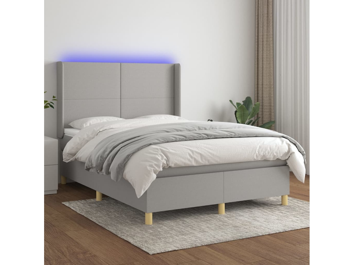 Cama Box Spring Colchón Y Luces Led Tela Gris Claro 140x190 Cm