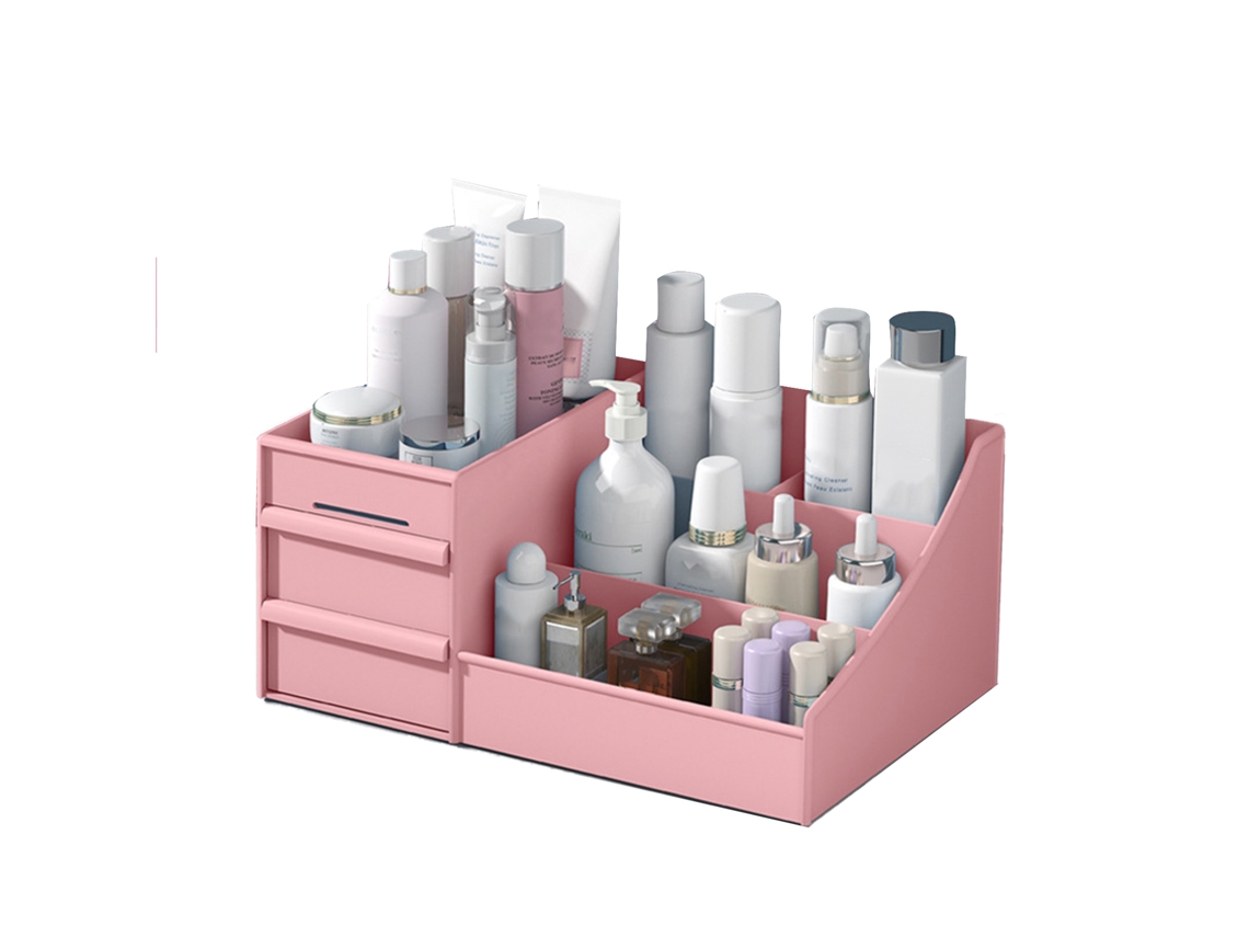 Organizador de maquillaje de diseño elegante para tocador, caja de almacenamiento de cosméticos de plástico con cajones para organizar.